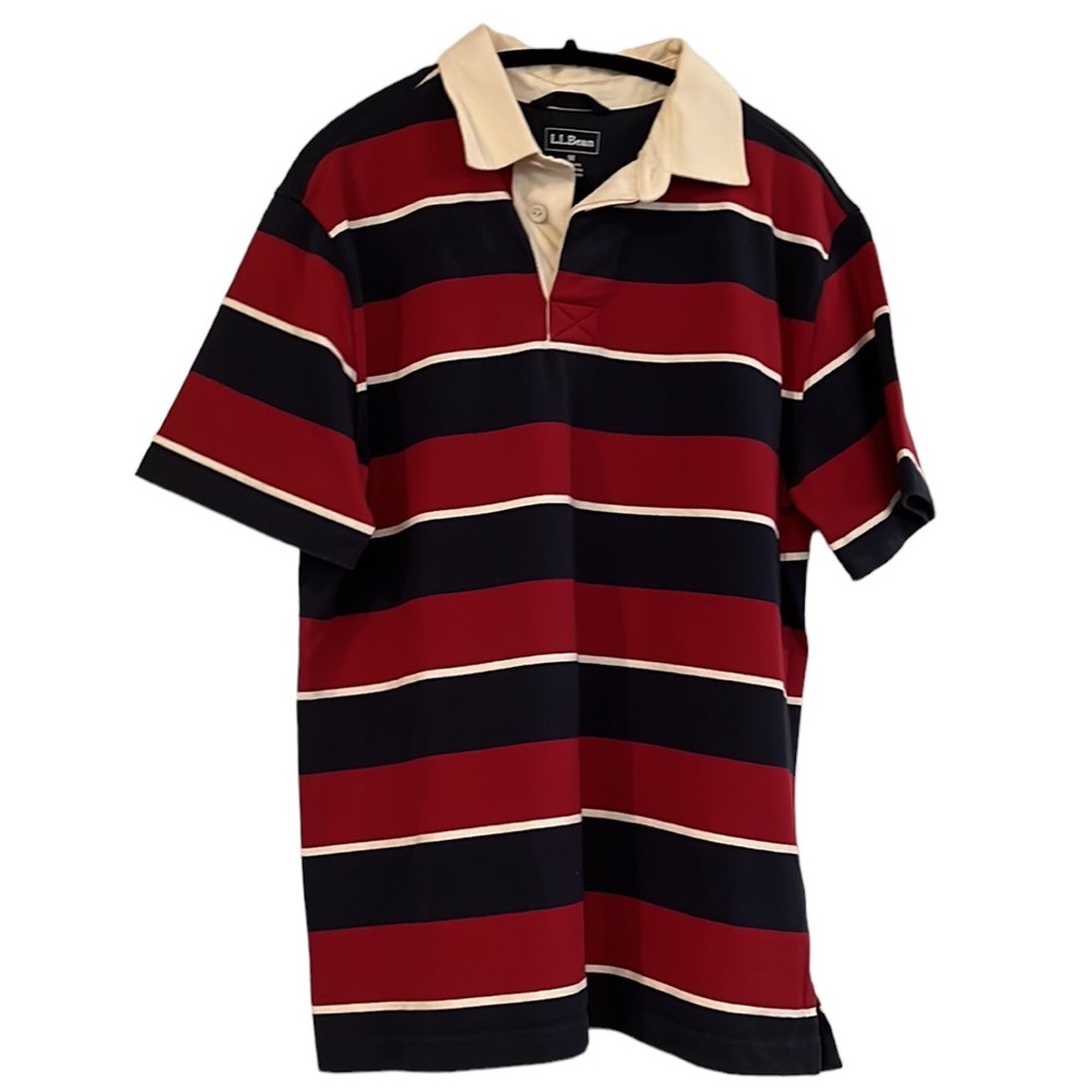 L.L. BEAN HEAVYWEIGHT SHORT SLEEVE RED BLUE STRIPED POLO SHIRT SIZE MEDIUM